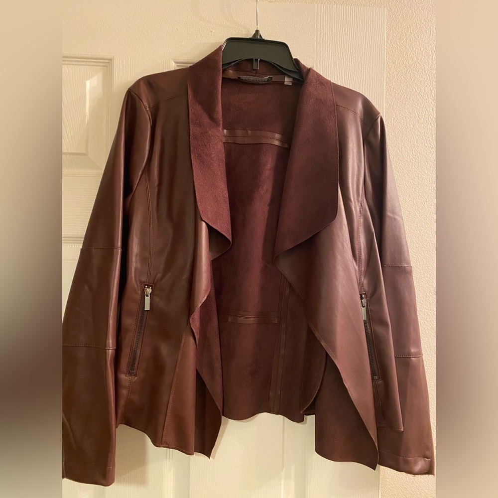 Draped collar faux leather jacket